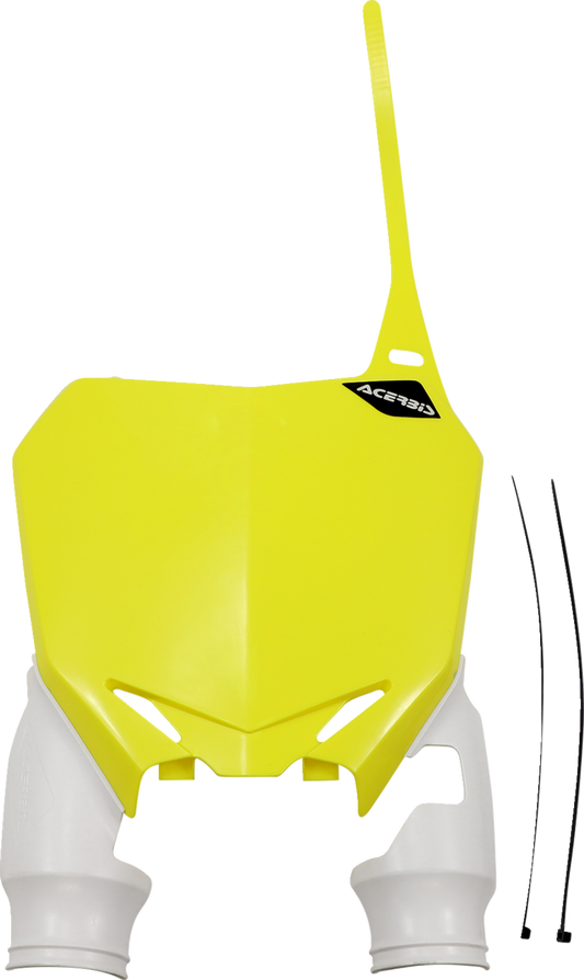 Acerbis Raptor number plate in yellow and white, designed for motorcycle body customization, displayed on a neutral background.