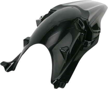 Black Acerbis rear fender for motorcycle, shown on a vehicle, with mounting points and a sleek body design.
