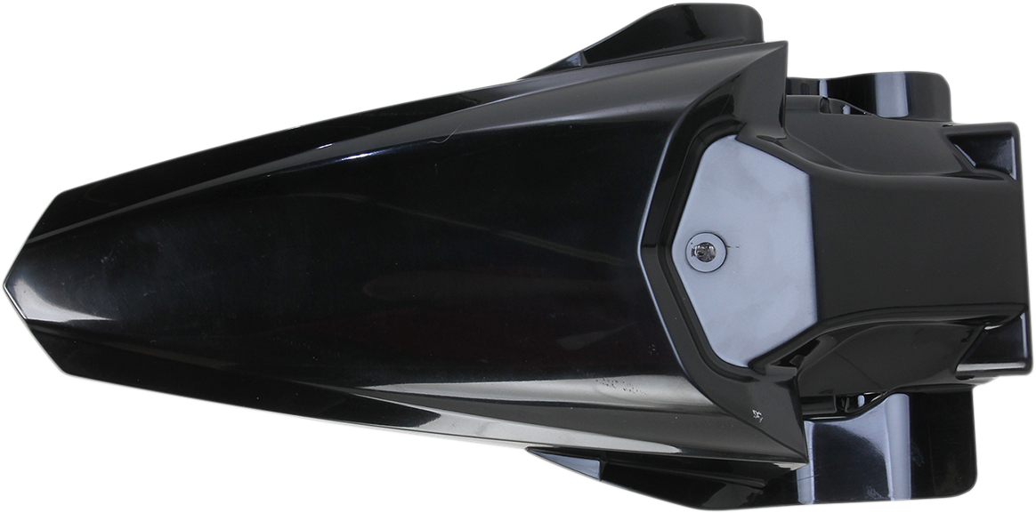 Black ACERBIS rear fender for motorcycle, shown on a body, with mounting points visible, designed for durability and fit.
