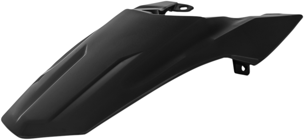 Black ACERBIS rear fender for motorcycle, shown on a body with mounting details, designed for durability and style.