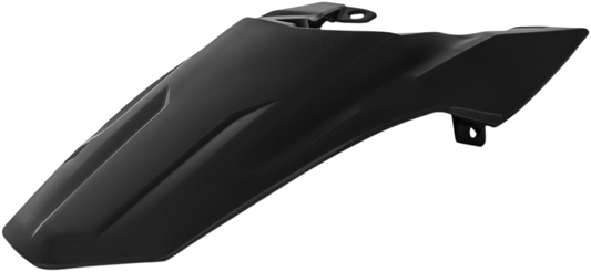 Black ACERBIS rear fender for motorcycle, shown on a body with mounting details, designed for durability and style.