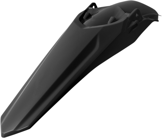 Black Acerbis rear fender for motorcycle, made of durable body material, designed for motorcycle protection and style.
