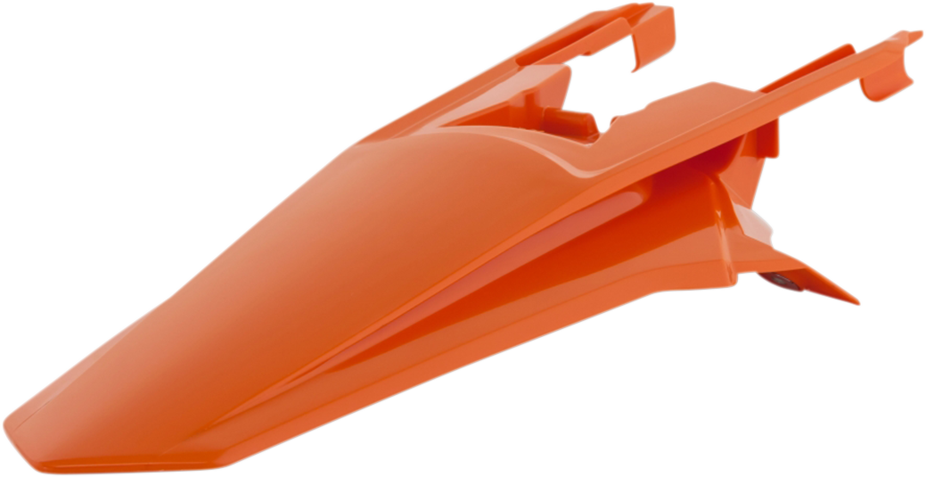 Orange Acerbis rear fender for motorcycle, showcased on a body, with detailed close-up of the durable plastic part.