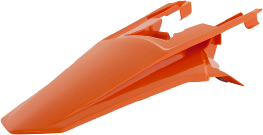 Orange Acerbis rear fender for motorcycle, showcased on a body, with detailed close-up of the durable plastic part.