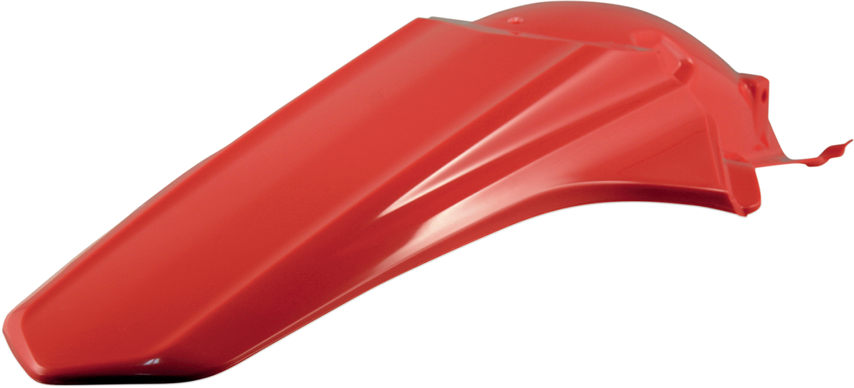 Red Acerbis rear fender for motorcycle, shown on a bike, with mounting points visible and a glossy finish.