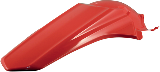 Red Acerbis rear fender for motorcycle, shown on a bike, with mounting points visible and a glossy finish.