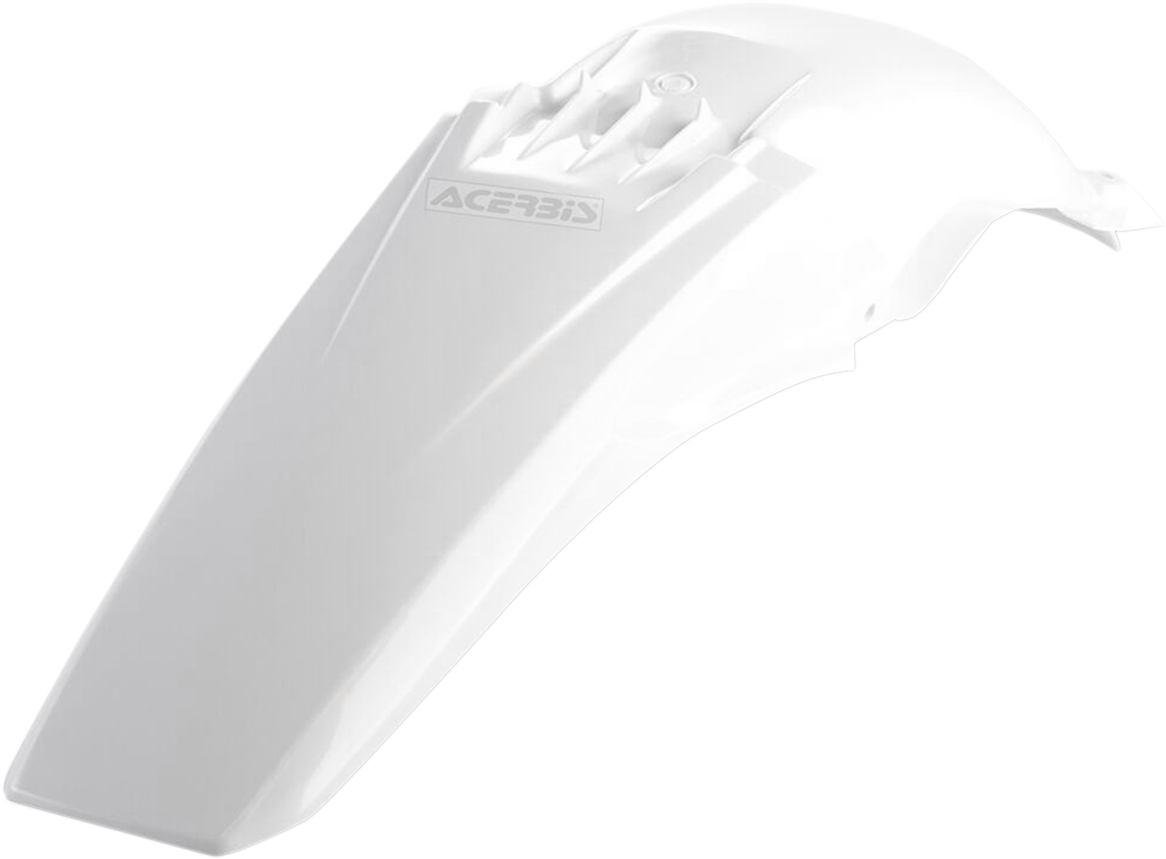 White Acerbis rear fender for motorcycle, showing the durable body with brand markings and mounting points.