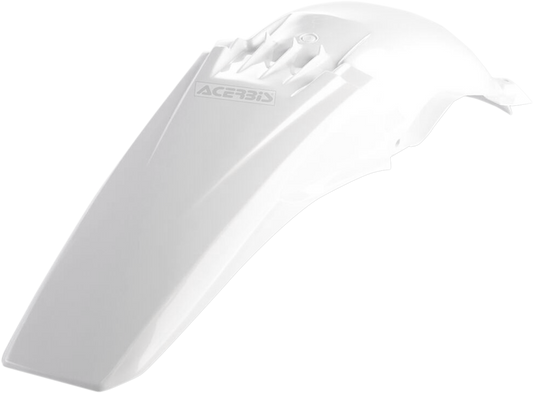 White Acerbis rear fender for motorcycle, showing the durable body with brand markings and mounting points.