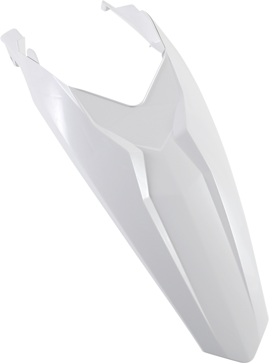 White Acerbis rear fender for motorcycle, designed by Bill's Exhausts, made of durable body material, with a sleek, aerodynamic shape.
