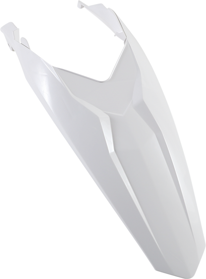 White Acerbis rear fender for motorcycle, designed by Bill's Exhausts, made of durable body material, with a sleek, aerodynamic shape.