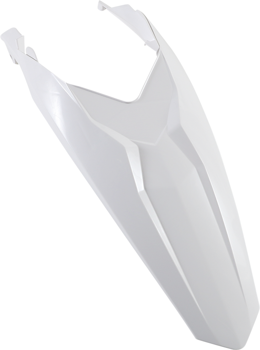 White Acerbis rear fender for motorcycle, designed by Bill's Exhausts, made of durable body material, with a sleek, aerodynamic shape.
