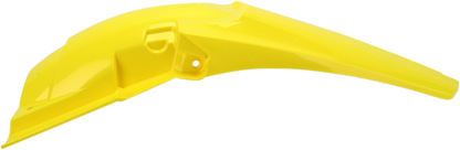 Yellow Acerbis rear fender installed on motorcycle, showcasing its durable plastic construction and vibrant color.