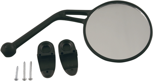 Acerbis black right rear view mirror mounted on motorcycle body, showcasing sleek design and durable finish.