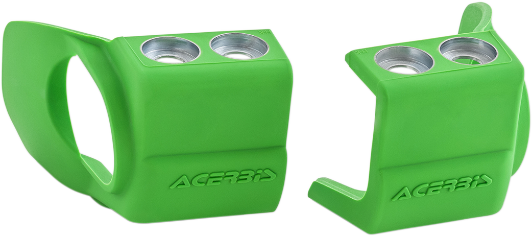 Green ACERBIS shoe protectors designed for inverted forks, shown on a motorcycle front suspension.