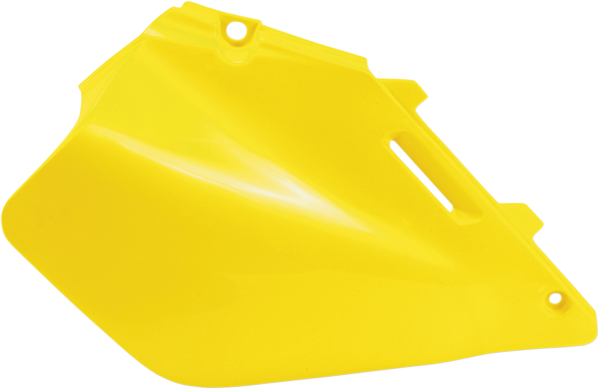 Yellow Acerbis side panels for 2001 RM motorcycle, designed as body parts, made by Bill's Exhausts for off-road bikes.