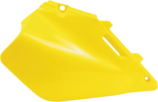 Yellow Acerbis side panels for 2001 RM motorcycle, designed as body parts, made by Bill's Exhausts for off-road bikes.