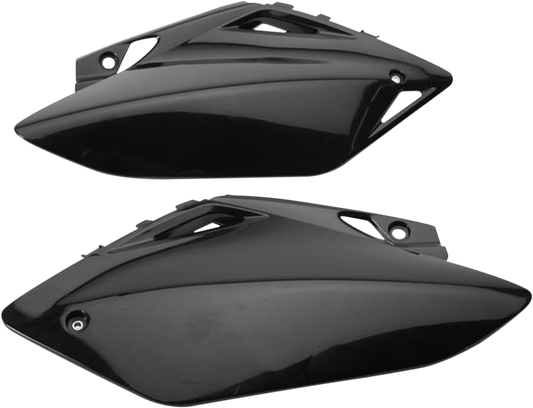 Black Acerbis side panels for motorcycle body, shown on a bike with close-up view of the sleek, durable design.