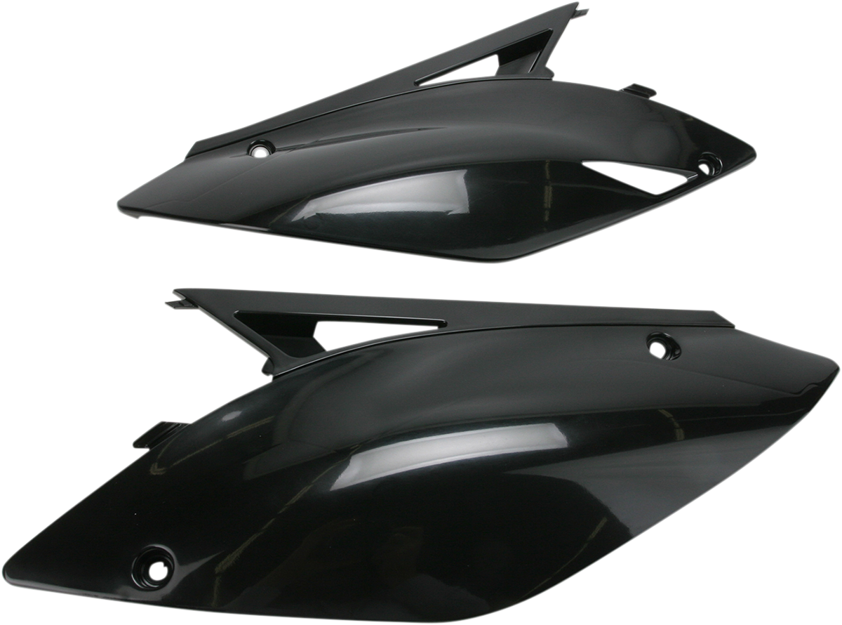 Acerbis black side panels for motorcycle body, featuring sleek black design, compatible with Acerbis models, displayed on a white background.