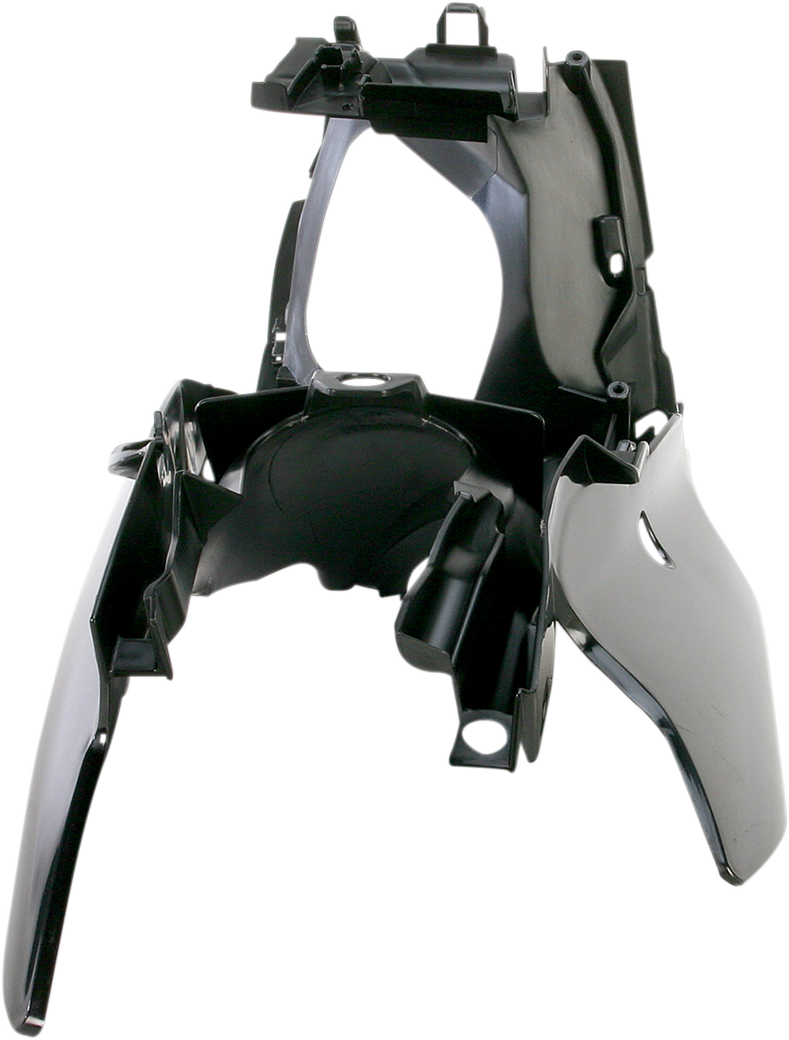 Black Acerbis side panels for motorcycle body, designed for durability and a sleek look, installed on a bike frame.