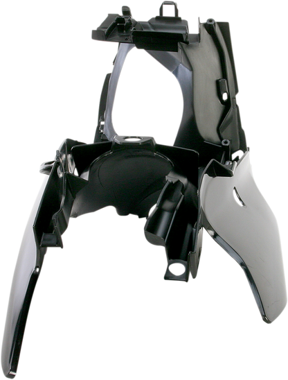 Black Acerbis side panels for motorcycle body, designed for durability and a sleek look, installed on a bike frame.