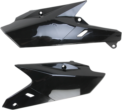 Acerbis black side panels for motorcycle body, featuring sleek design and brand logo, shown on a clean background.