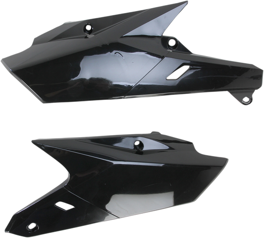 Acerbis black side panels for motorcycle body, featuring sleek design and brand logo, shown on a clean background.