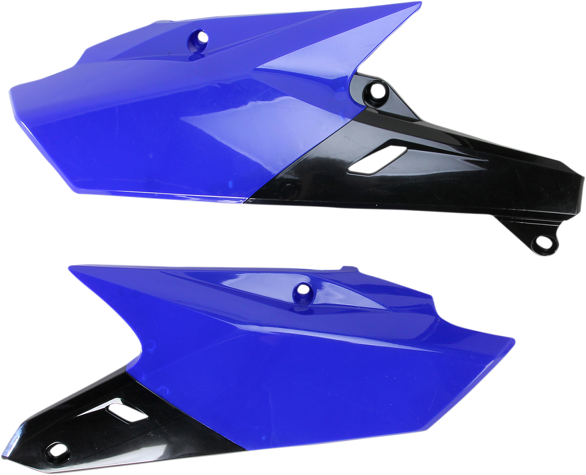 Acerbis blue and black motorcycle side panels, body kit by Bill's Exhausts, with detailed blue and black design.