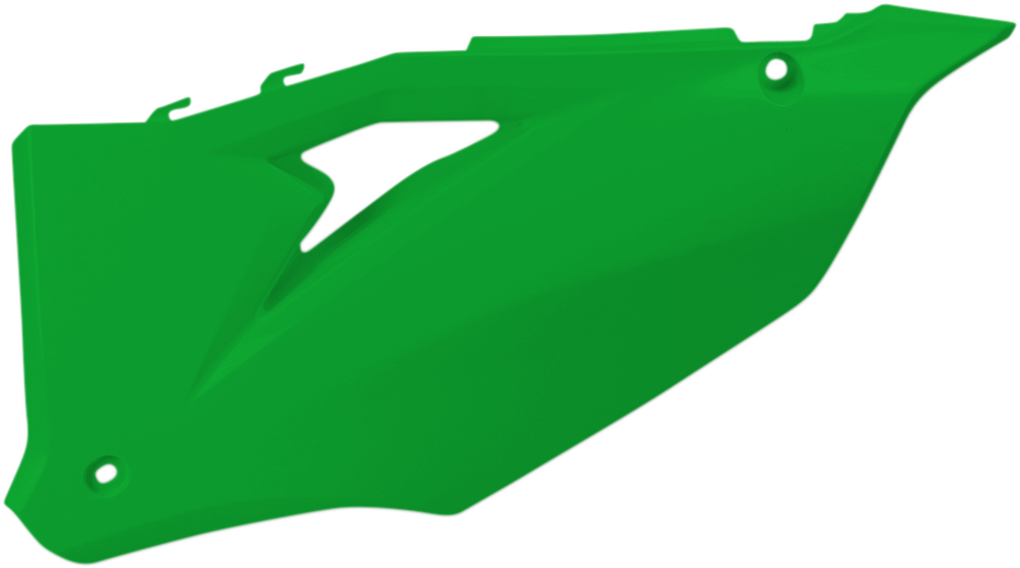 Green Acerbis side panels for motorcycle body, designed for durability and style, installed on a bike.