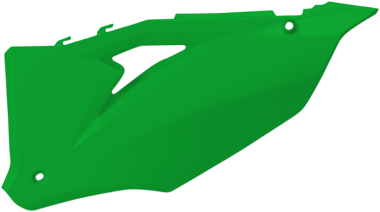 Green Acerbis side panels for motorcycle body, designed for durability and style, installed on a bike.