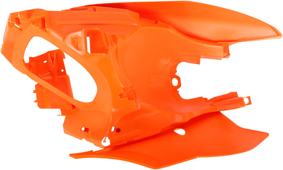 Orange Acerbis side panels for motorcycle body, designed for durability and style, shown on a bike with detailed close-up.