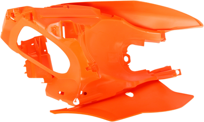 Orange Acerbis side panels for motorcycle body, designed for durability and style, shown on a bike with detailed close-up.