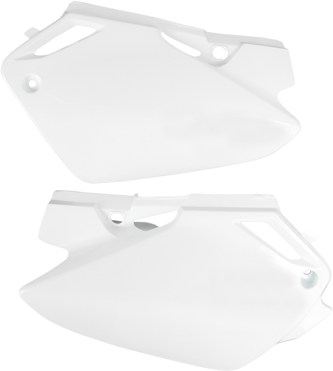 White Acerbis side panels for motorcycle body, designed for durability and style, shown installed on a bike.