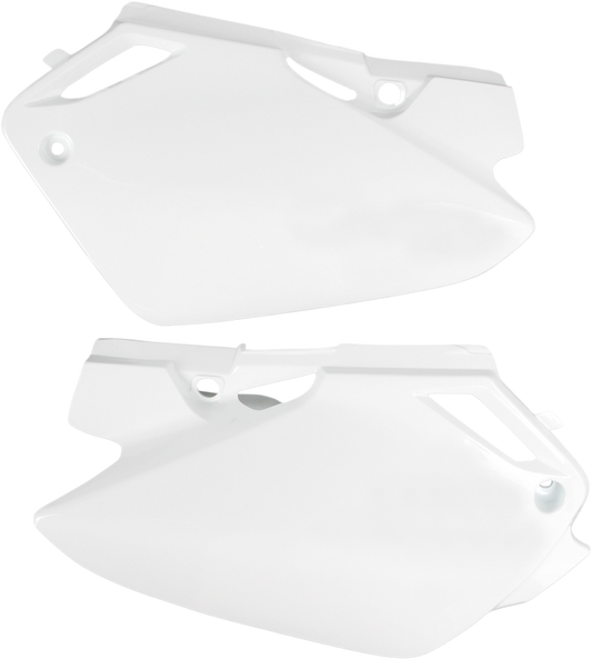 White Acerbis side panels for motorcycle body, designed for durability and style, shown installed on a bike.