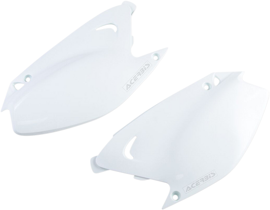 Acerbis white side panels for motorcycle body, with sleek design and brand logo, shown on a clean background.