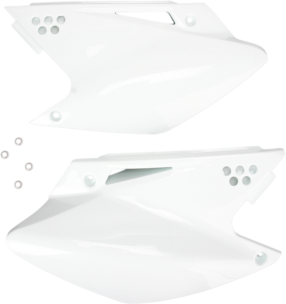 White Acerbis side panels for motorcycle body, designed for durability and a sleek look, shown on a bike in the image.