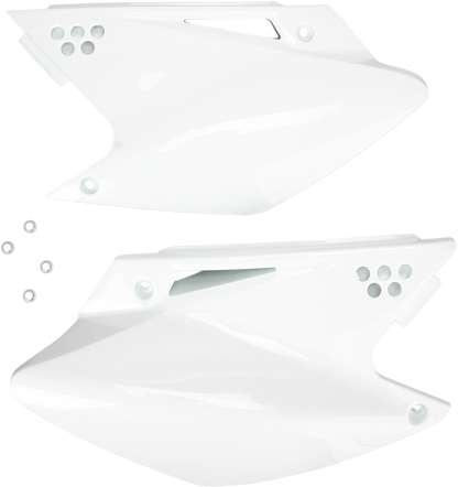 White Acerbis side panels for motorcycle body, designed for durability and a sleek look, shown on a bike in the image.
