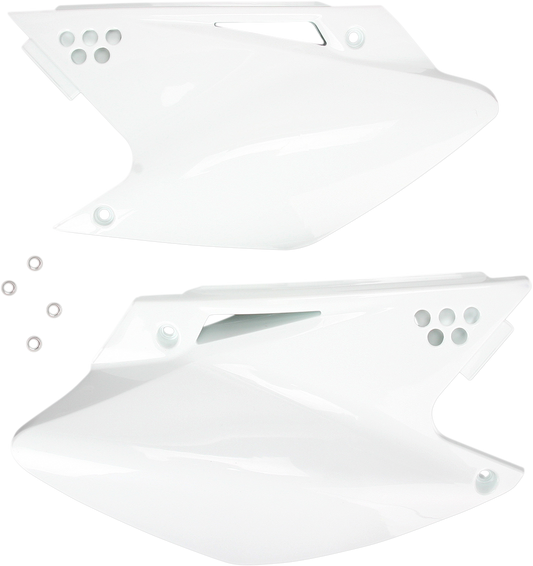 White Acerbis side panels for motorcycle body, designed for durability and a sleek look, shown on a bike in the image.