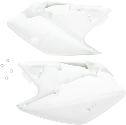 Acerbis white side panels for motorcycle body, showing smooth, glossy finish and mounting points for installation.