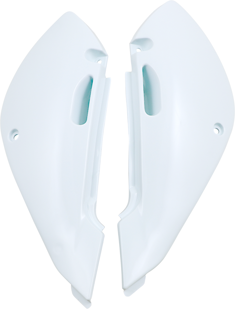 White Acerbis side panels for motorcycle body, shown with mounting details and brand markings, designed for durable fit and style.