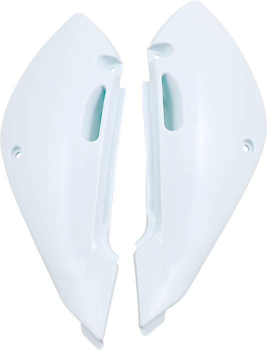 White Acerbis side panels for motorcycle body, shown with mounting details and brand markings, designed for durable fit and style.