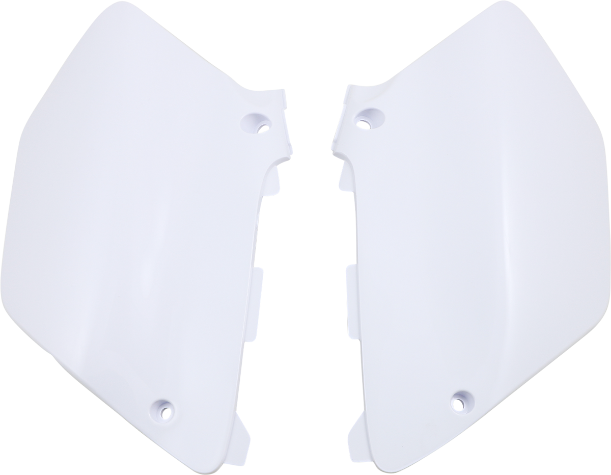 White Acerbis side panels for motorcycle body, designed for compatibility with specific models, featuring a sleek, durable finish.