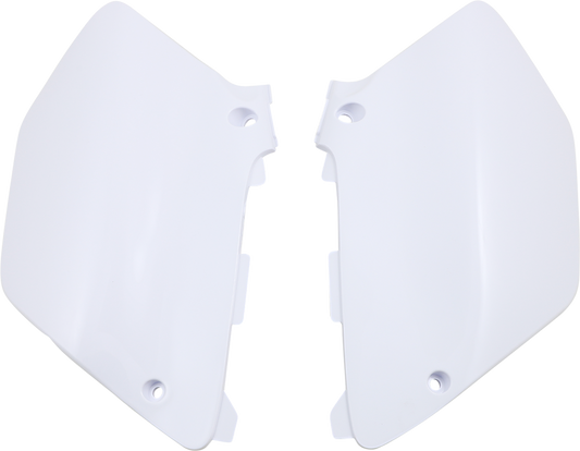 White Acerbis side panels for motorcycle body, designed for compatibility with specific models, featuring a sleek, durable finish.