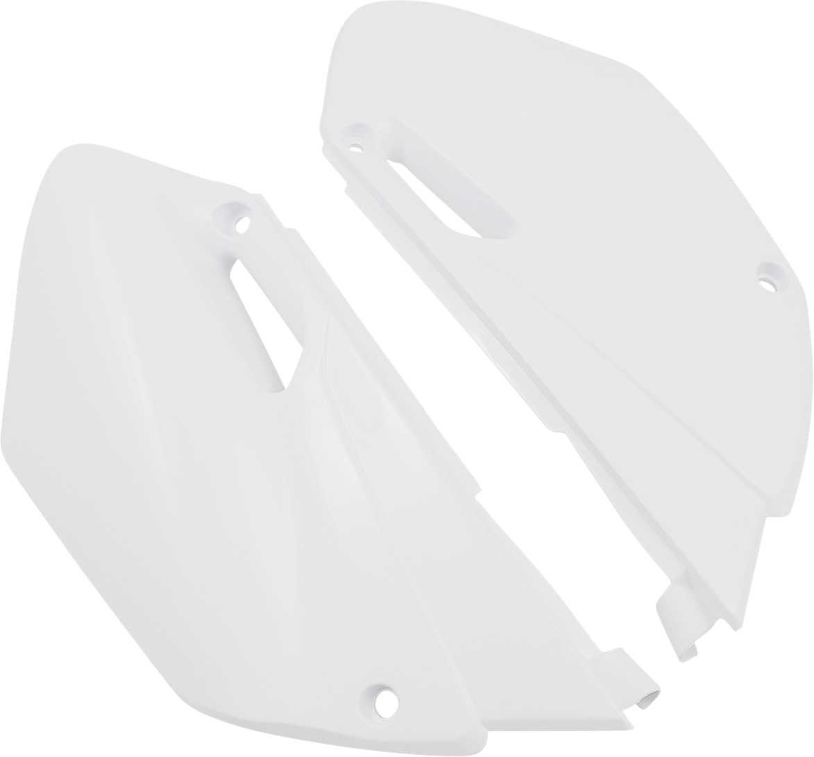White Acerbis side panels for motorcycle body, designed for durability and fit, shown on a clean display with mounting details.