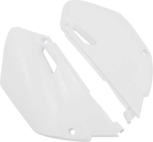 White Acerbis side panels for motorcycle body, designed for durability and fit, shown on a clean display with mounting details.