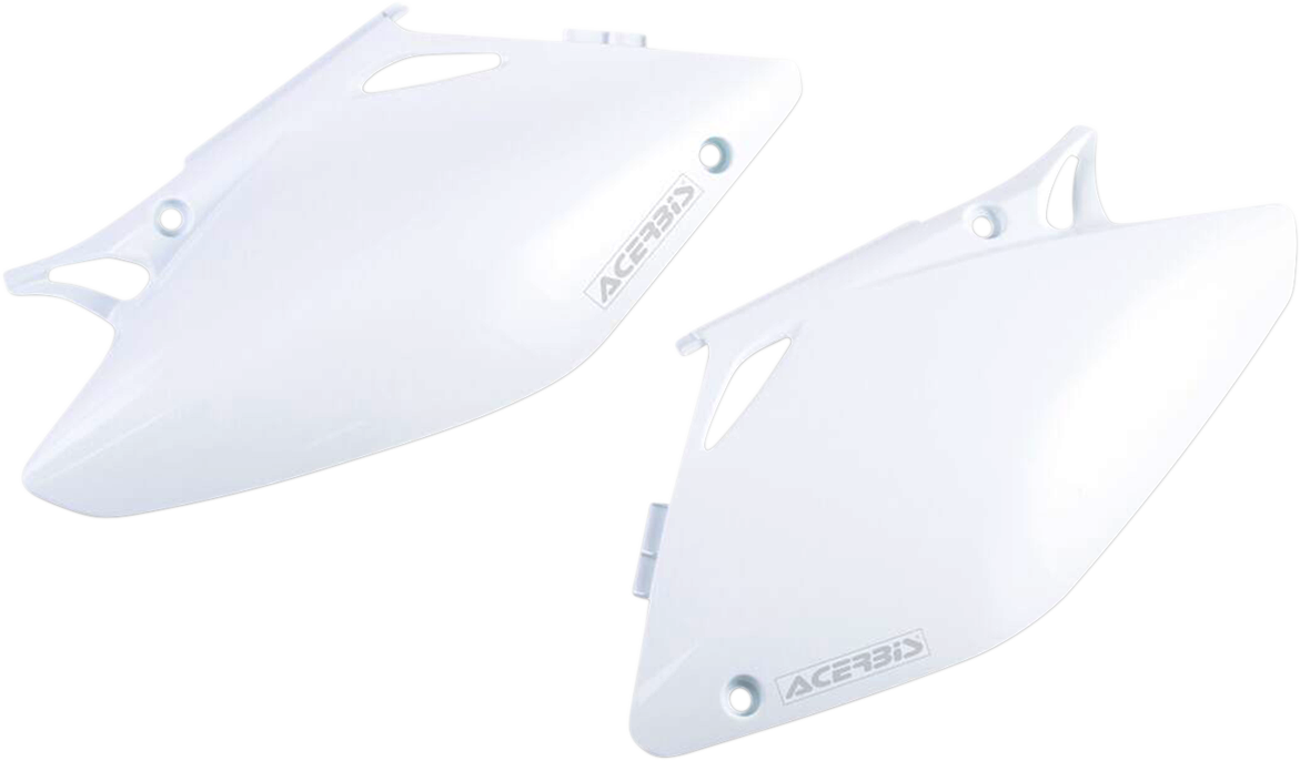 Acerbis white side panels for motorcycle body, featuring the Acerbis logo and sleek design, compatible with specific bike models.