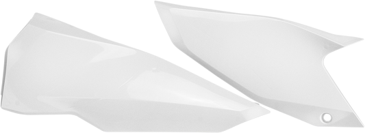White Acerbis side panels for motorcycle body, featuring sleek design and high-quality fit, from Bill's Exhausts.