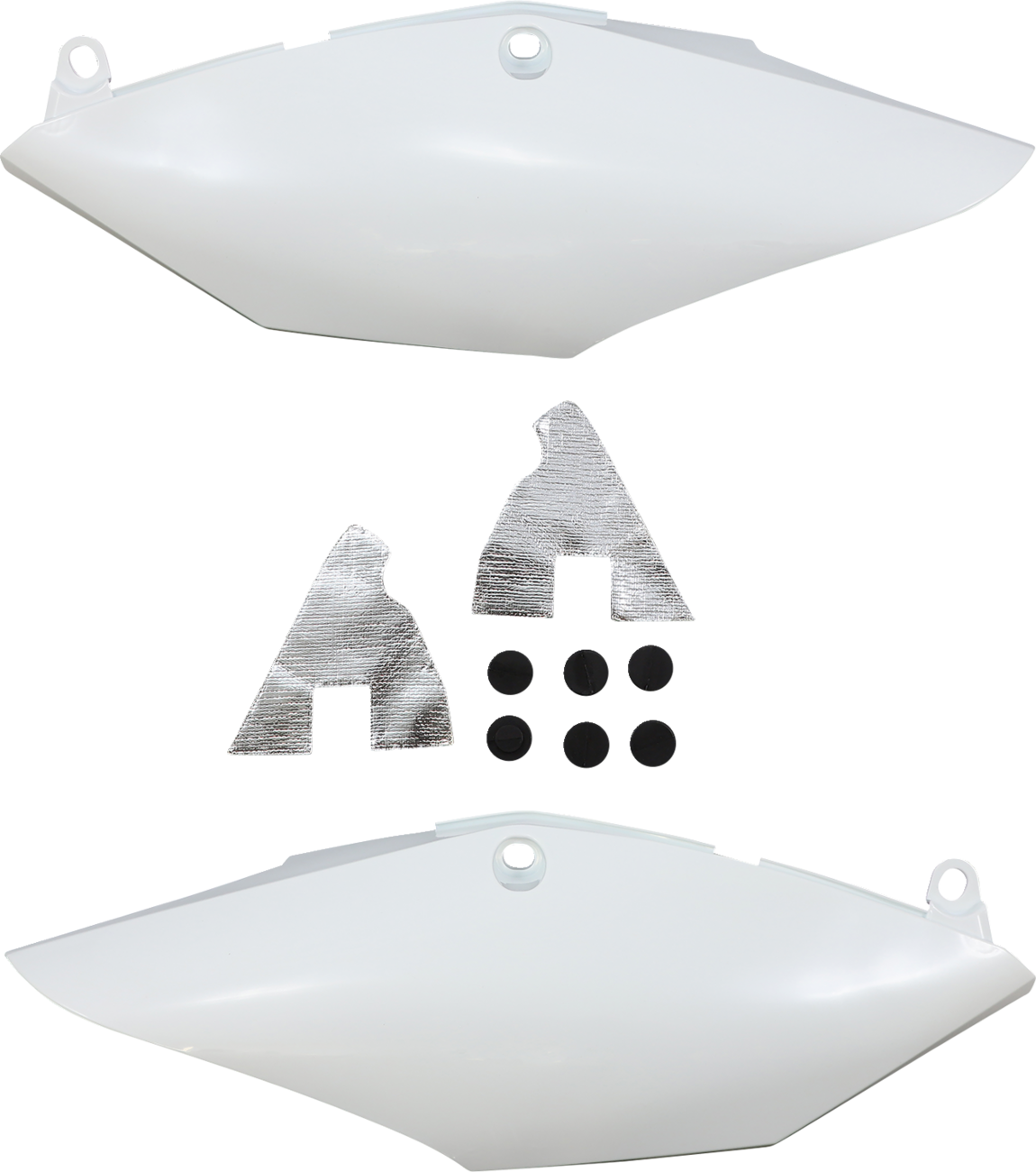 White Acerbis side panels for motorcycle body, designed for durability and style, by Bill's Exhausts.