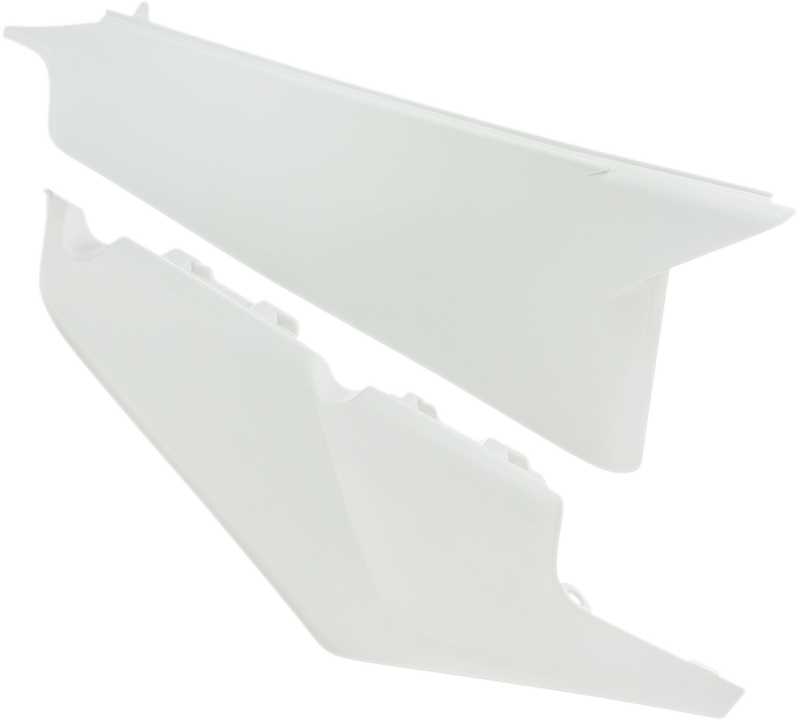White Acerbis side panels for motorcycle body, designed for durability and stylish appearance.