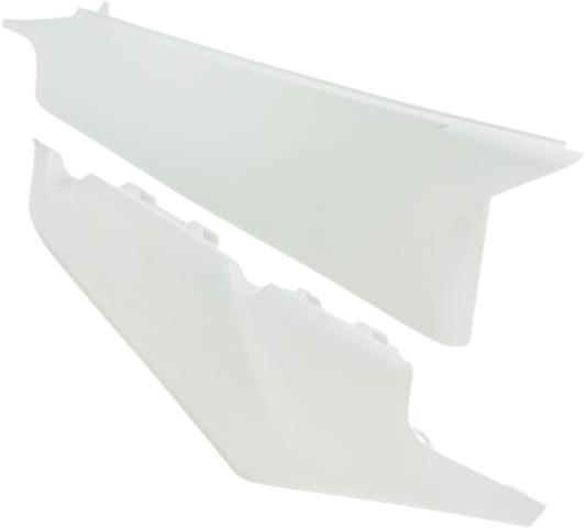 White Acerbis side panels for motorcycle body, designed for durability and stylish appearance.
