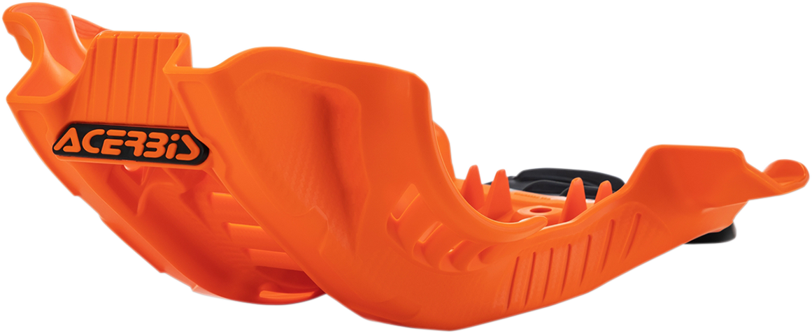 Acerbis skid plate in orange and black for Husqvarna and KTM motorcycles, mounted on bike body protecting undercarriage.
